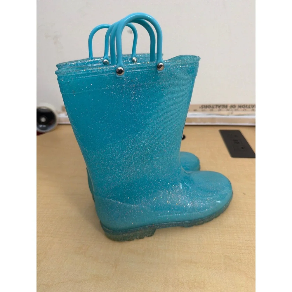 Toddler Turquoise Blue Glitter Jelly Rain Boots Waterproof Pull On Size 3
